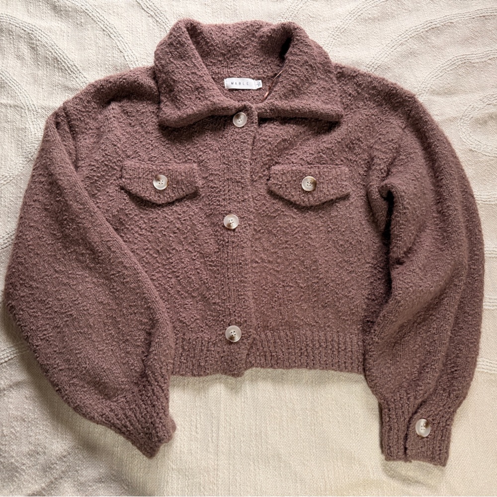 MARBLE Teddy Bear Cozy Puffy Sleeve Cardigan Cropped Coffee Brown